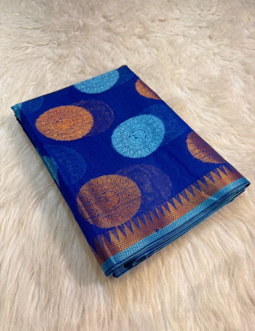 Blue with Golden Small Temple Border Banarasi Saree without Blouse