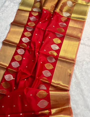 Red with Golden border Banarasi Semi Katan Silk