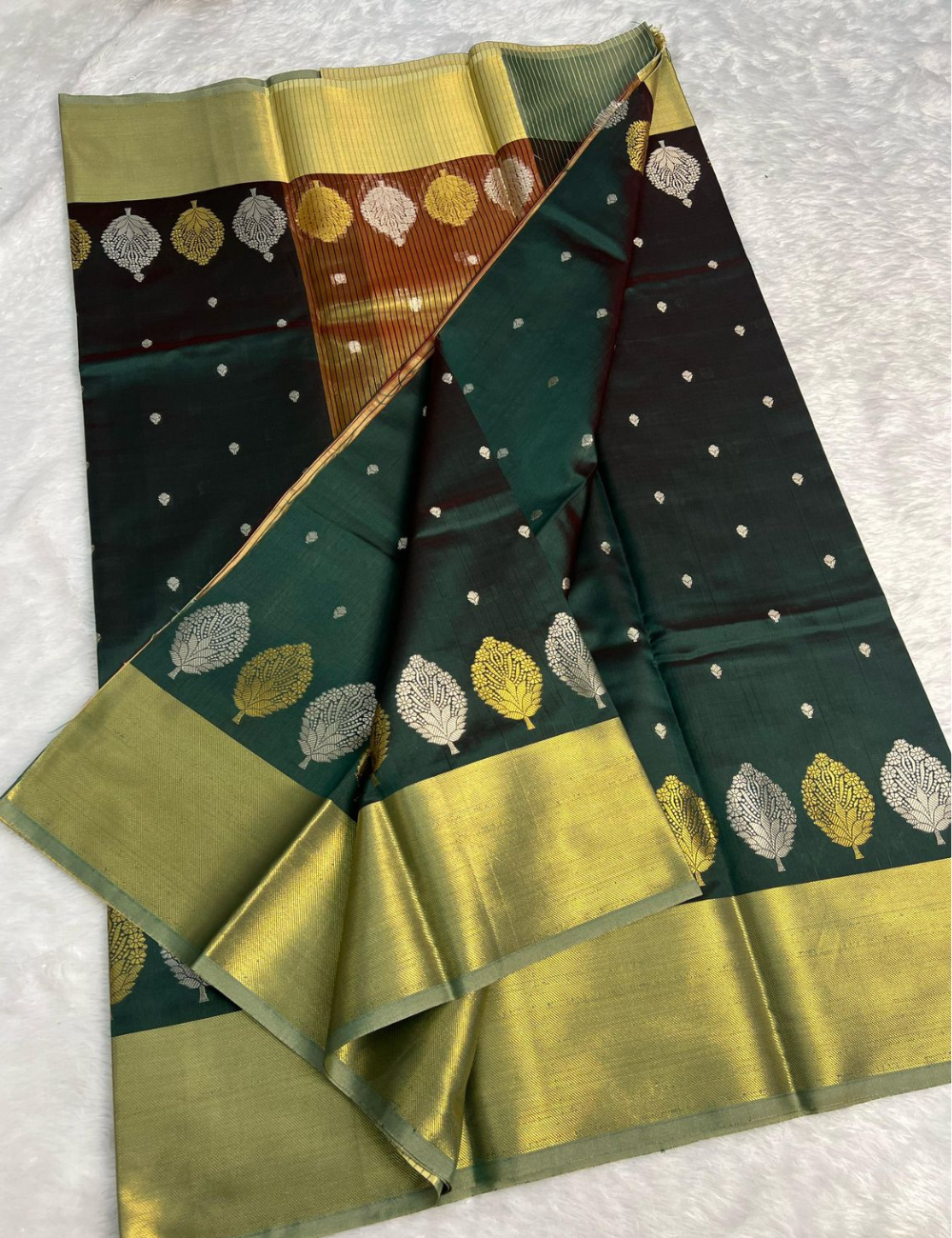 Bottle Green with Golden border Banarsai Semi Katan Silk