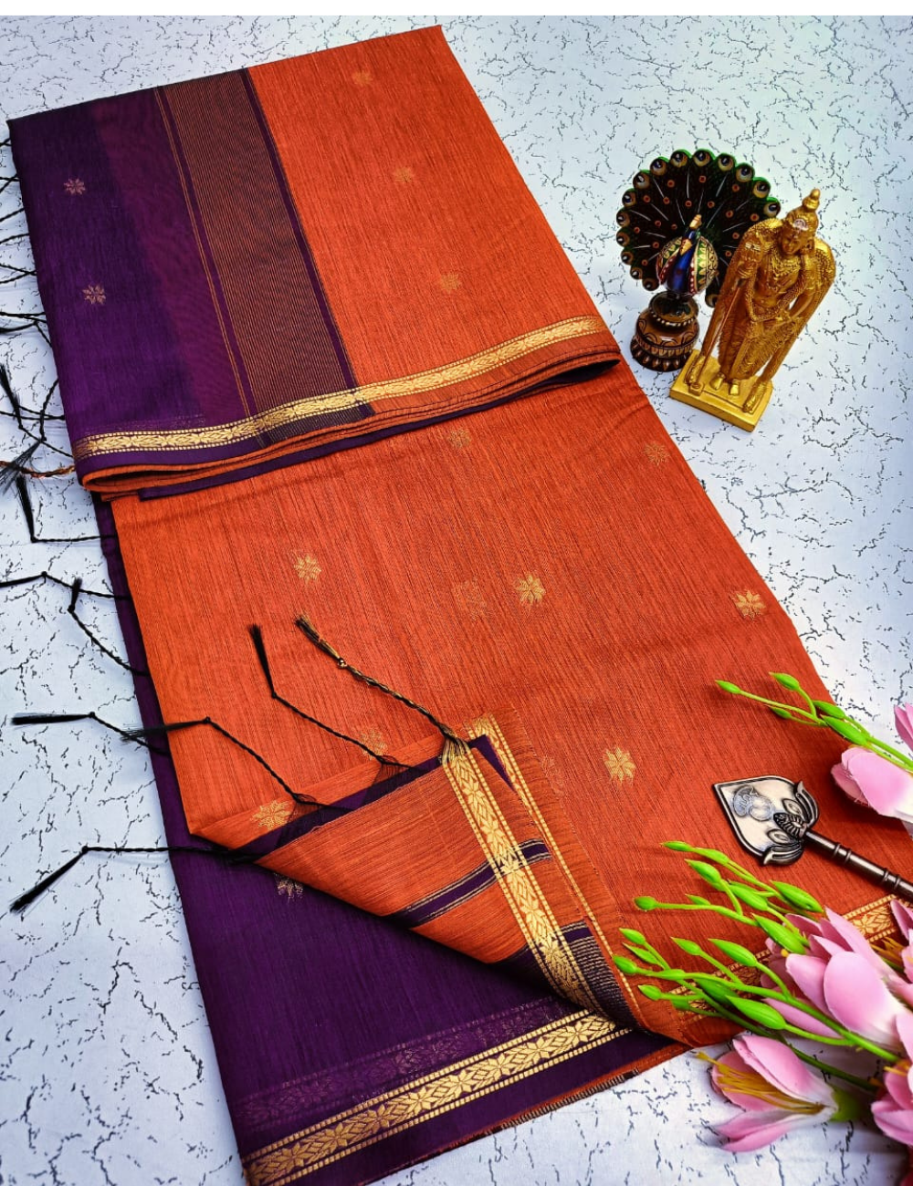 Rusted Orange with Megentha border Premium Maheswari Silk Cotton Saree
