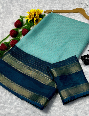 Aquva Blue with Deep Blue border lightweight Mysore Crepe Saree