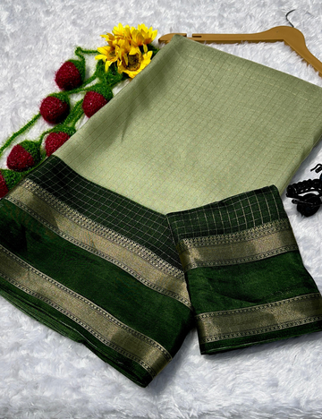 Sage Green with Bottle Green border lightweight Mysore Crepe Saree