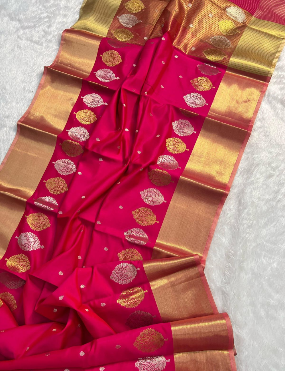 Rani Pink with Golden border Banarasi Semi Katan Silk