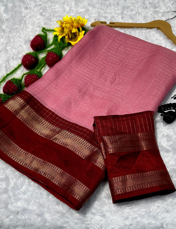 Pink with Dark Meroun lightweight Mysore Crepe Saree
