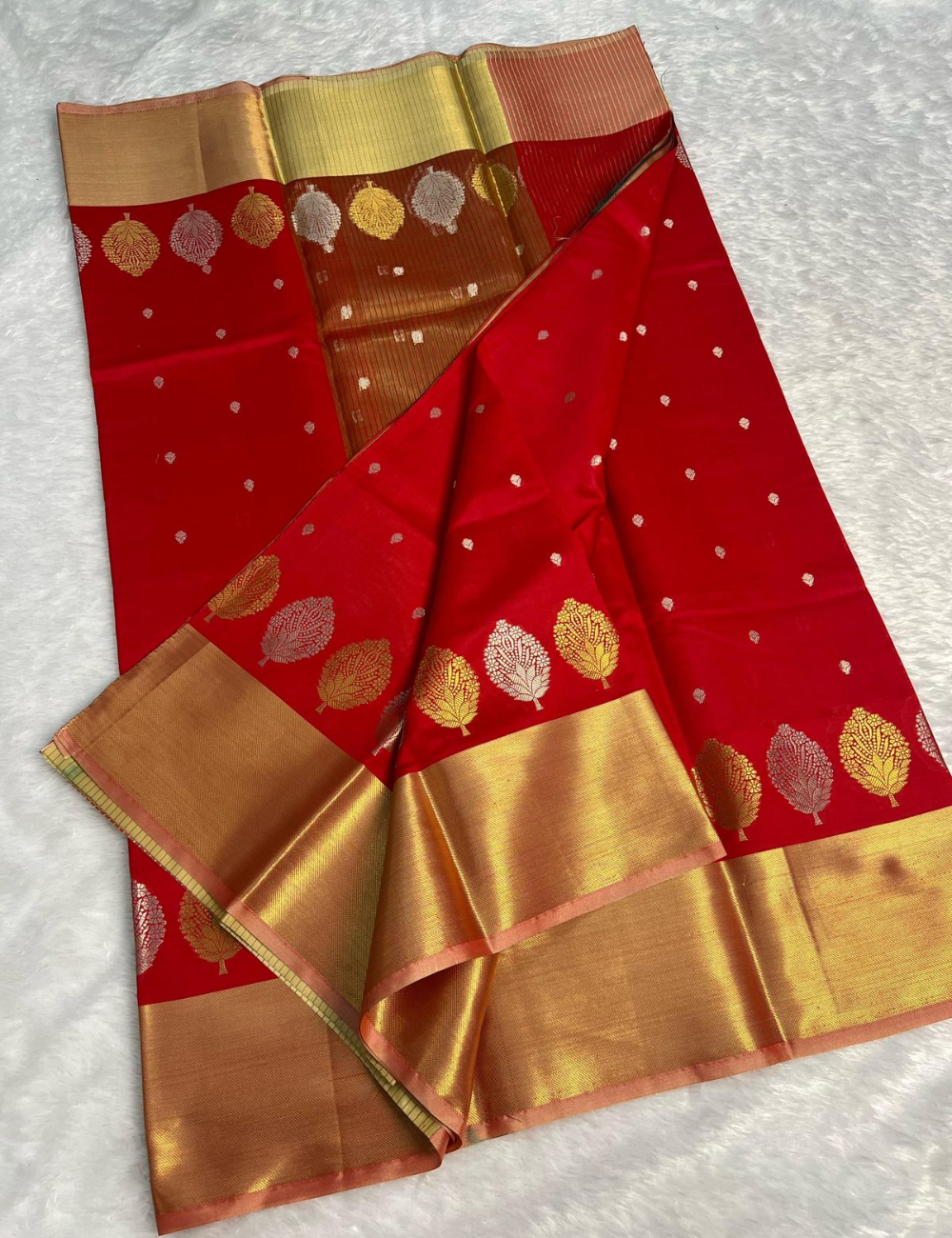Red with Golden border Banarasi Semi Katan Silk