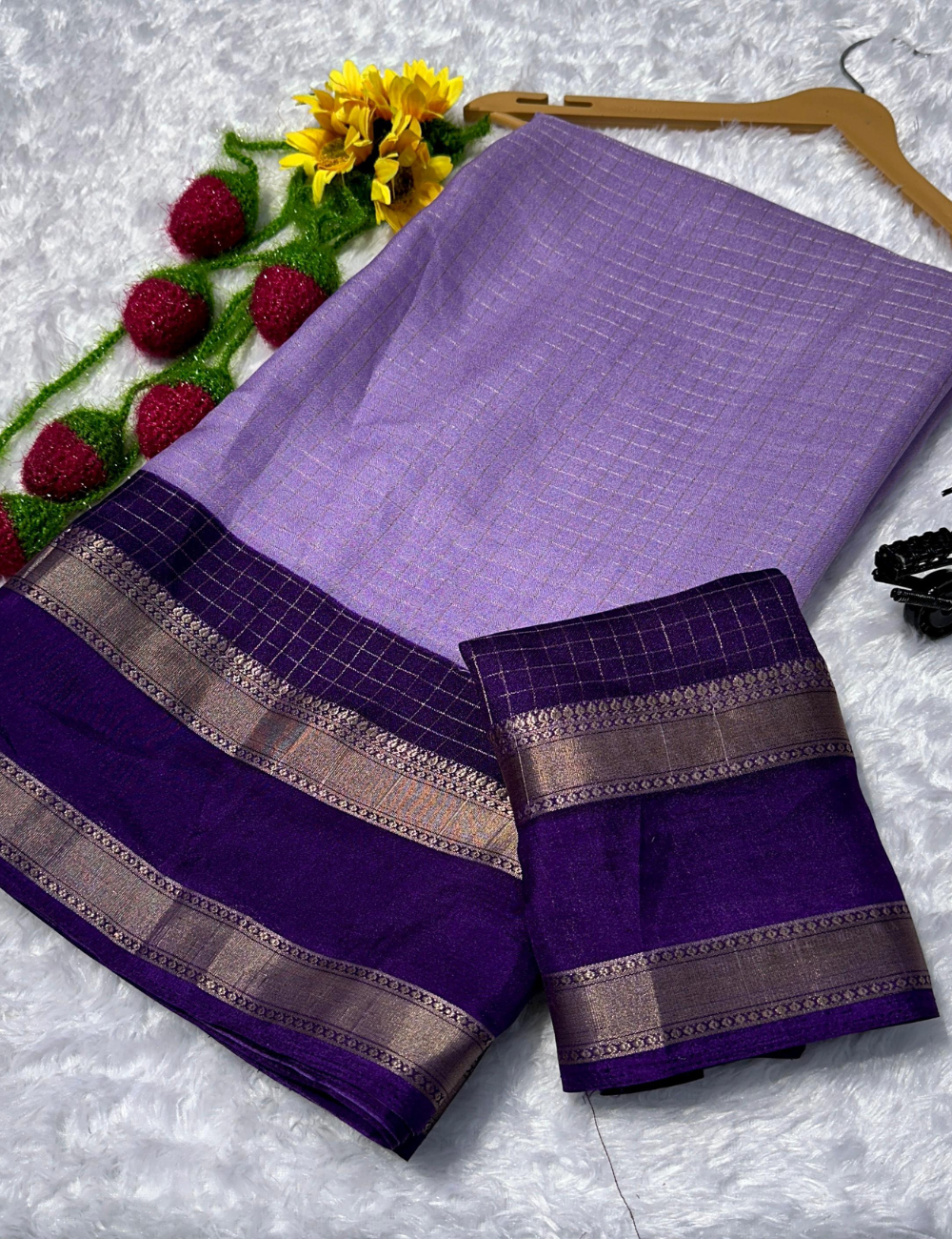 Purple with Navvy Blue lightweight Mysore Crepe Saree