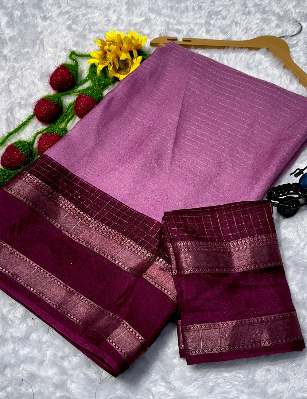Light Purple with Dark Merooun lightweight Mysore Crepe Saree