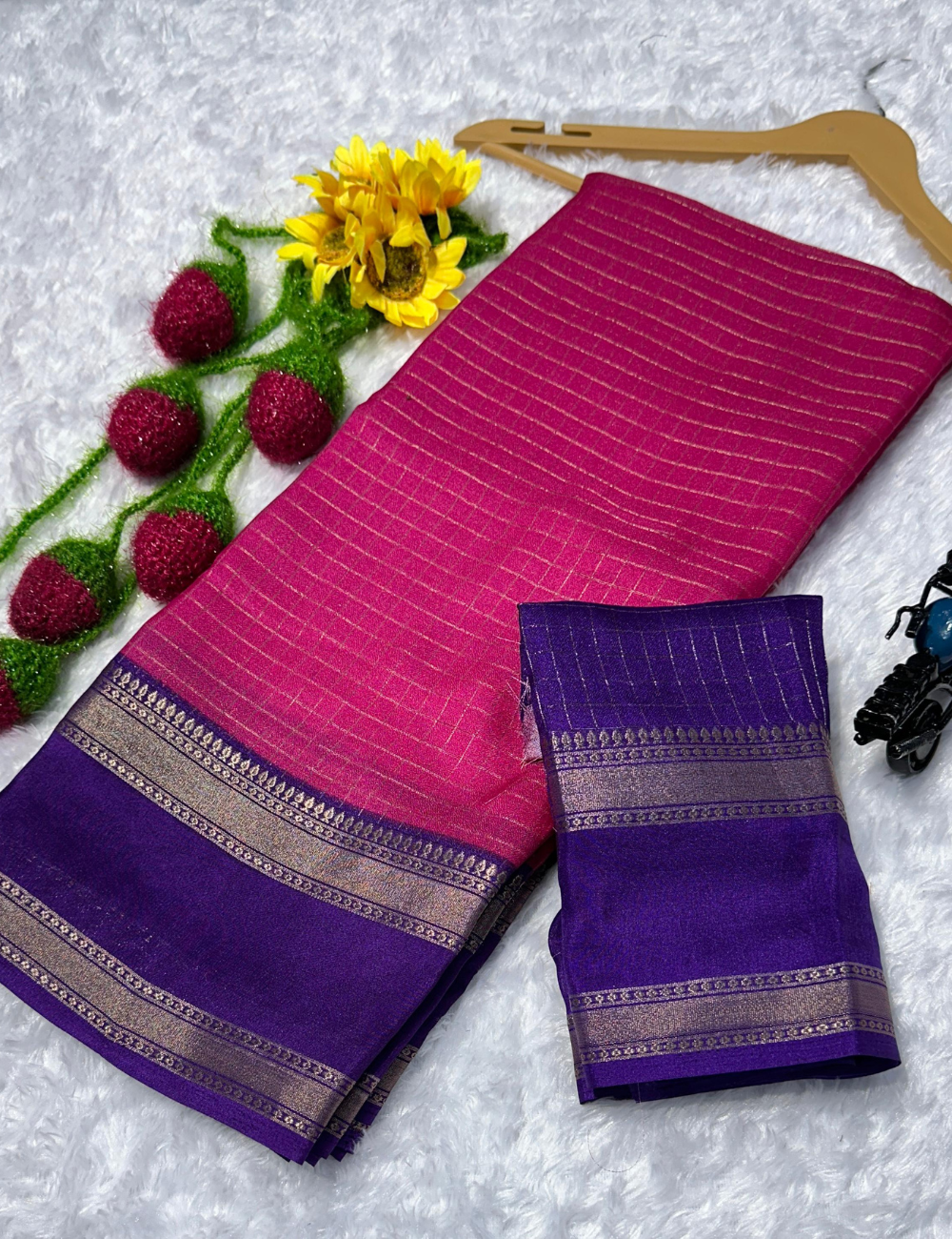 Rani Pink with Navvy Blue border lightweight Mysore Crepe Saree