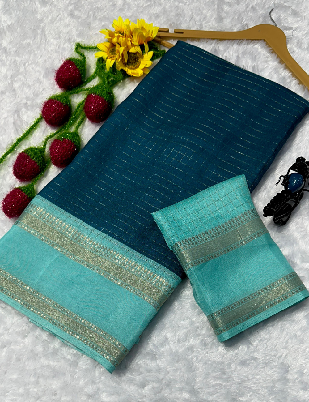 Peacock Blue with Aquva Blue boreder lightweight Mysore Crepe Saree