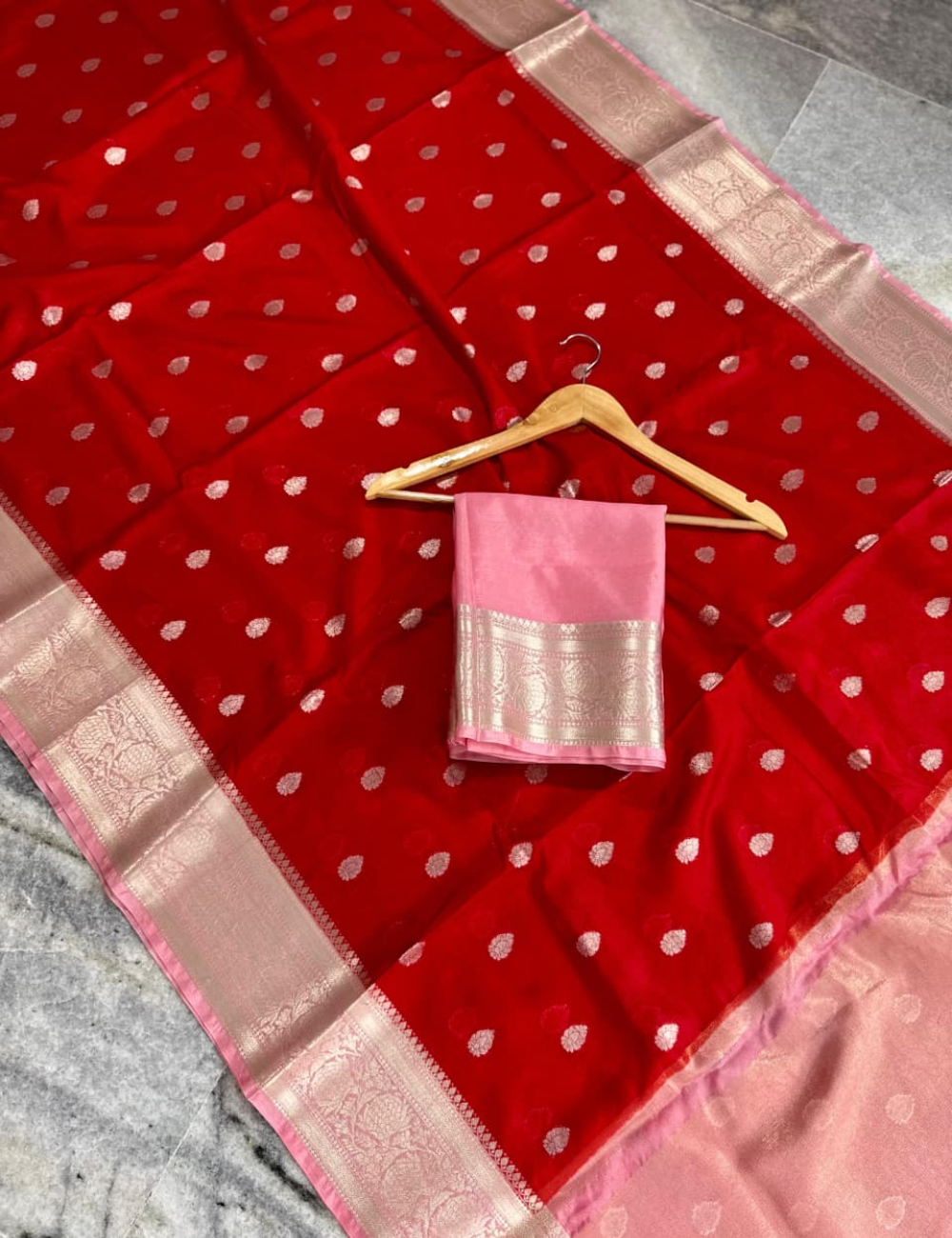 Red with Peach border Banarasi Warm Silk