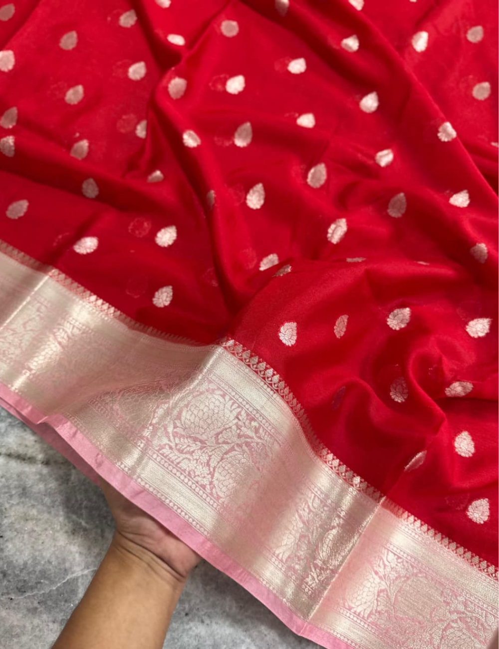 Red with Peach border Banarasi Warm Silk