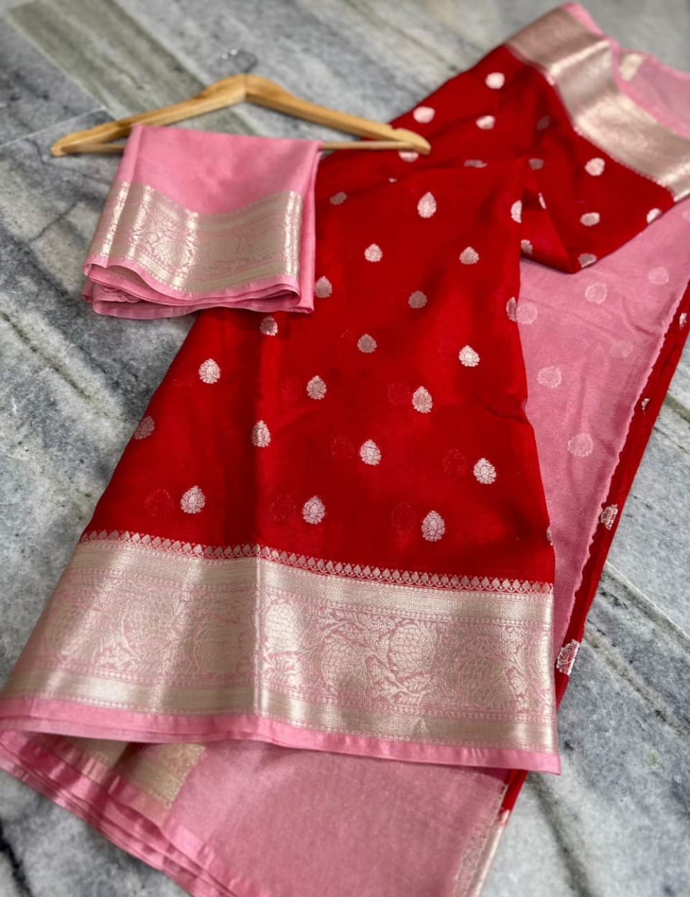 Red with Peach border Banarasi Warm Silk