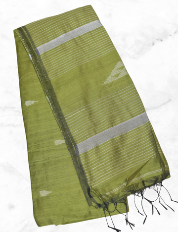 Meganthi Green with Silver Stripe Khadhi Cotton Saree