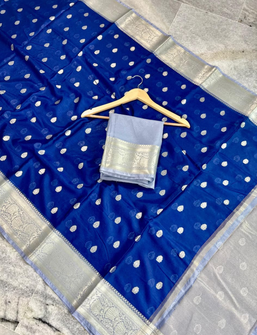 Royal Blue with Grey border Banarasi Warm Silk