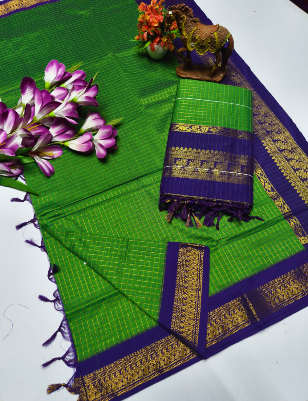 Green with Blue border Checked Kalyani Cotton Saree
