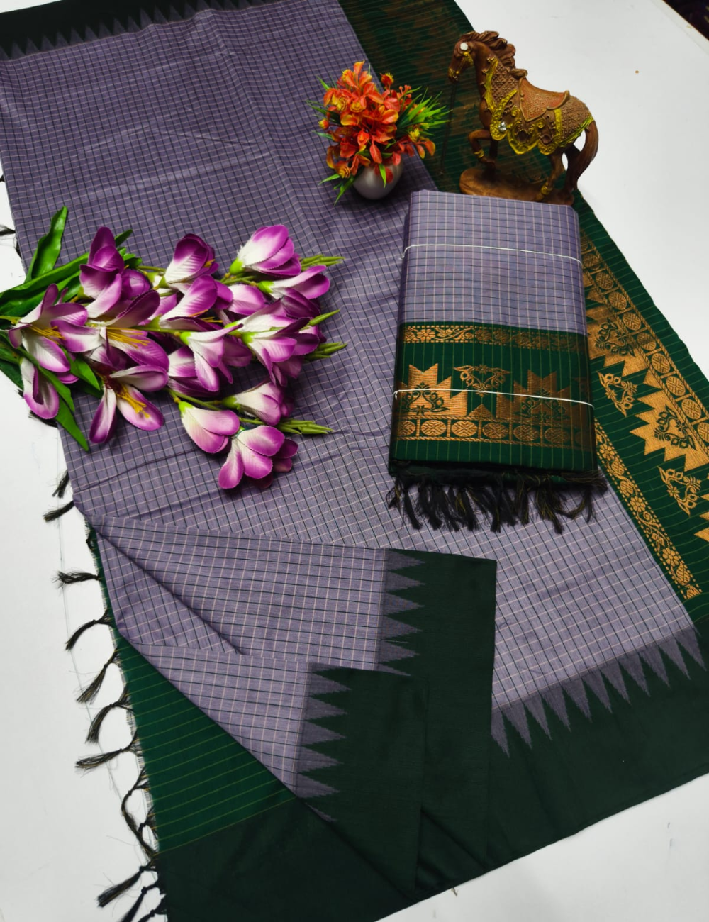 Grey with Bottle Green border Kalyani Checked Cotton Saree
