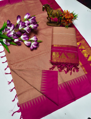 Peach And Dark Pink border Kalyani Checked Cotton Saree