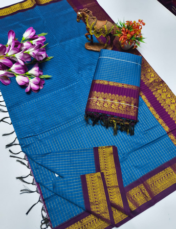 Blue with Magentha border Kalyani Checked Cotton Saree