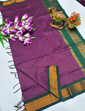 Purple with Green border Kalyani Checked Cotton Saree
