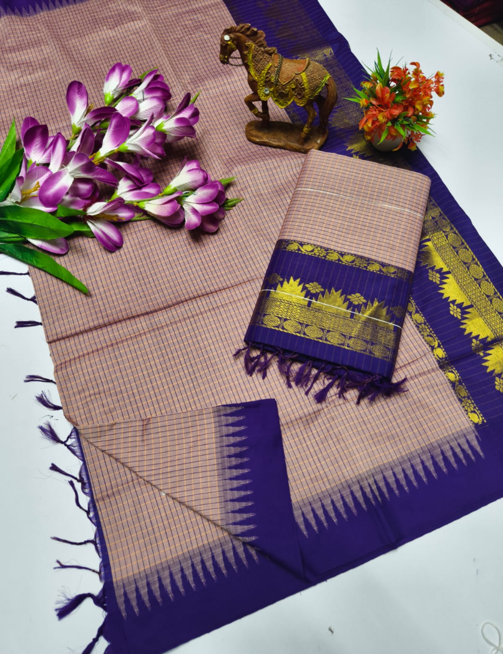 Peach with Royal Blue border Kalyani Checked Cotton Saree