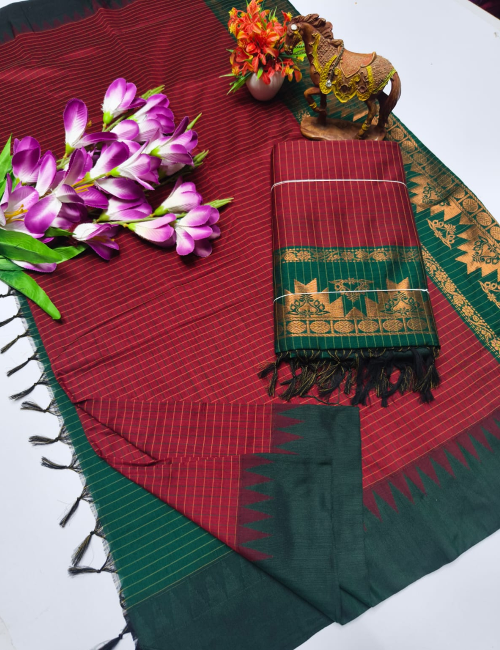 Red with Bottle Green border Kalyani Checked Cotton