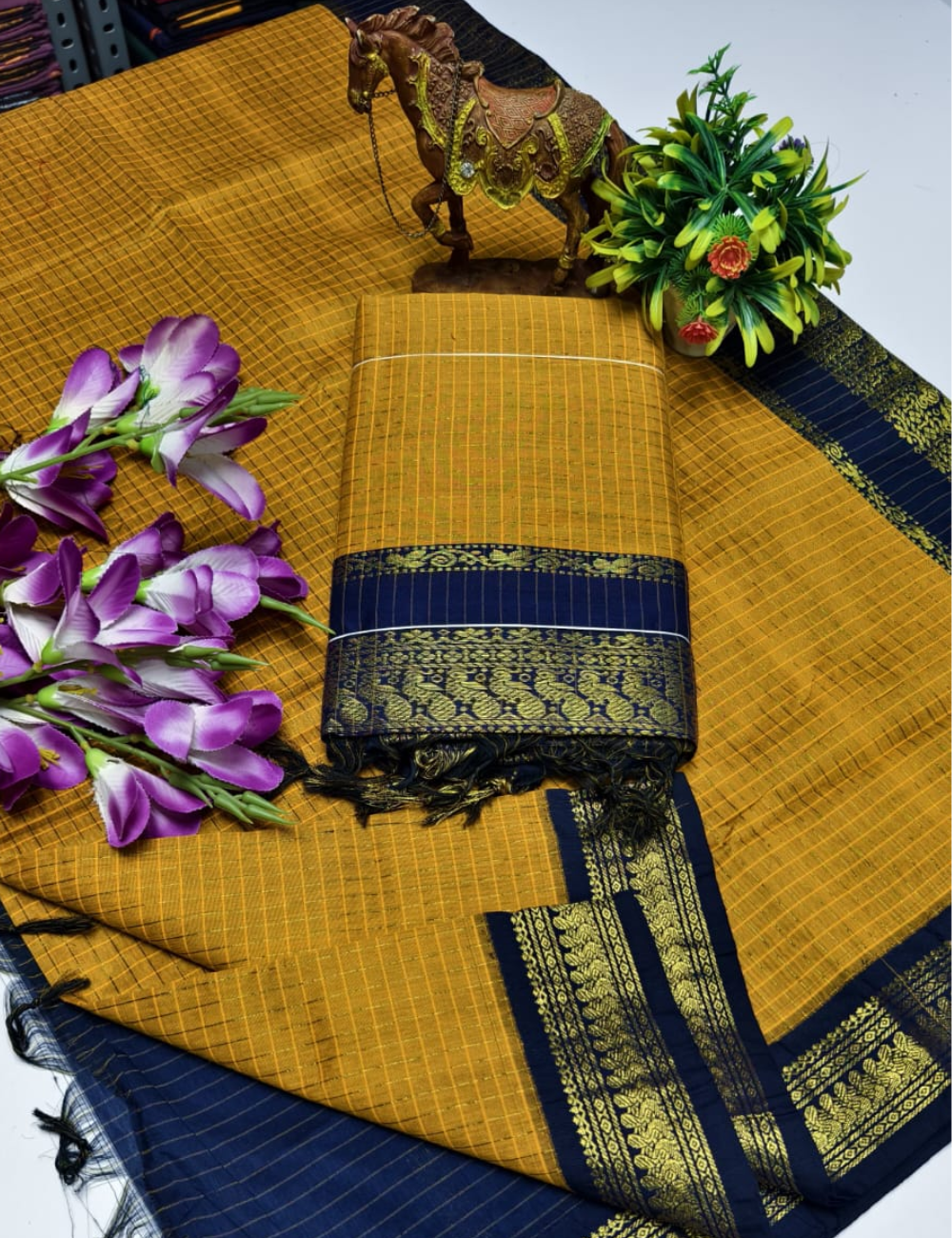 Mustard with Dark Blue border Kalyani Checked Cotton Saree