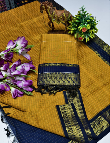 Mustard with Dark Blue border Kalyani Checked Cotton Saree