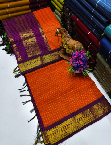 Orange with Magenta border Kalyani Checked Cotton Saree