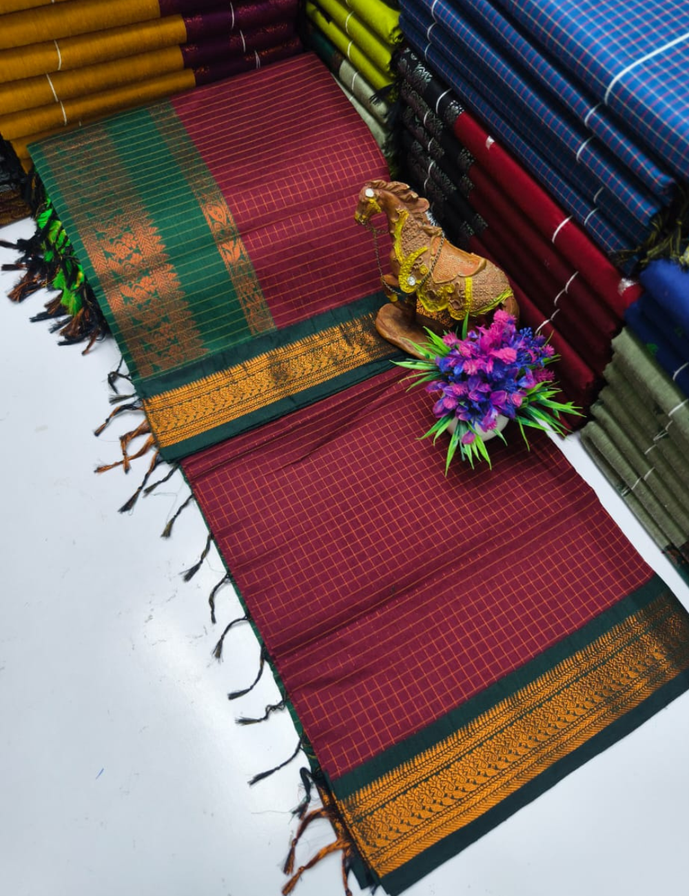 Plum with Green Annam Border Kalyani Checked Cotton Saree