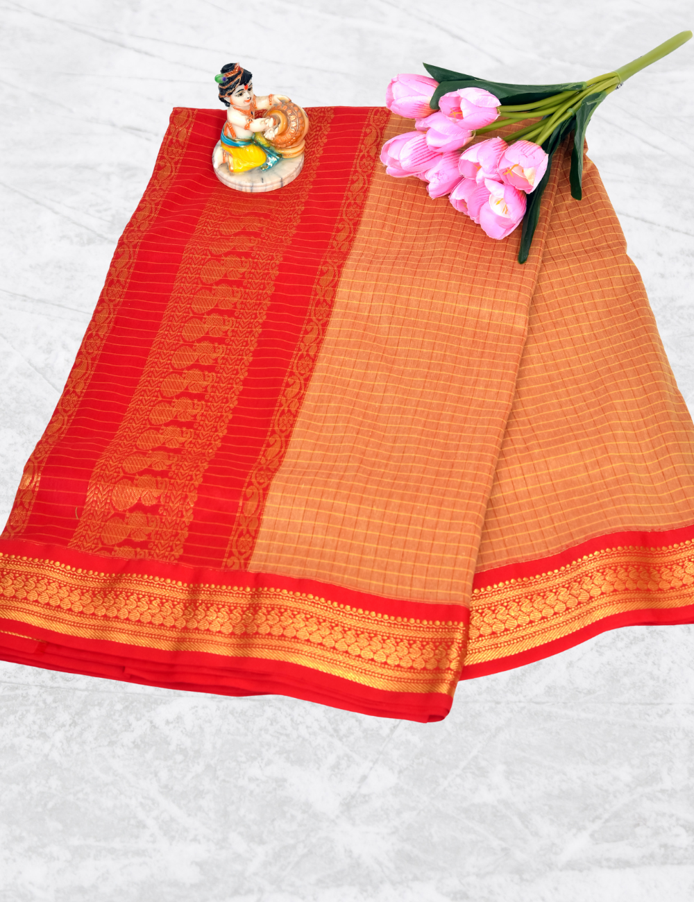 Orange with Red Border Kalyani Checked Cotton Sarees