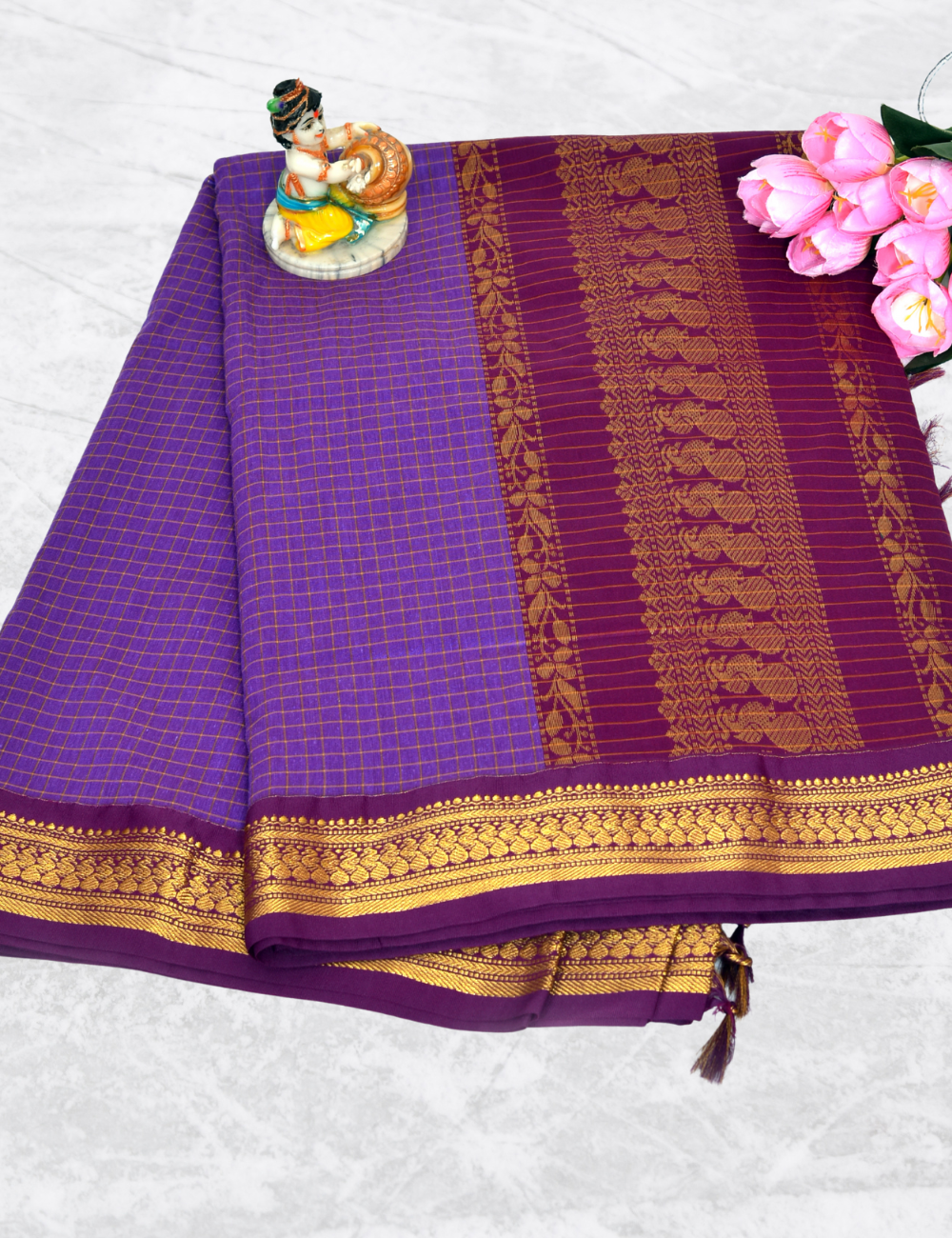 Voilet with Dark Meroon Border Kalyani Checked Cotton Saree