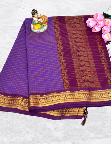 Voilet with Dark Meroon Border Kalyani Checked Cotton Saree