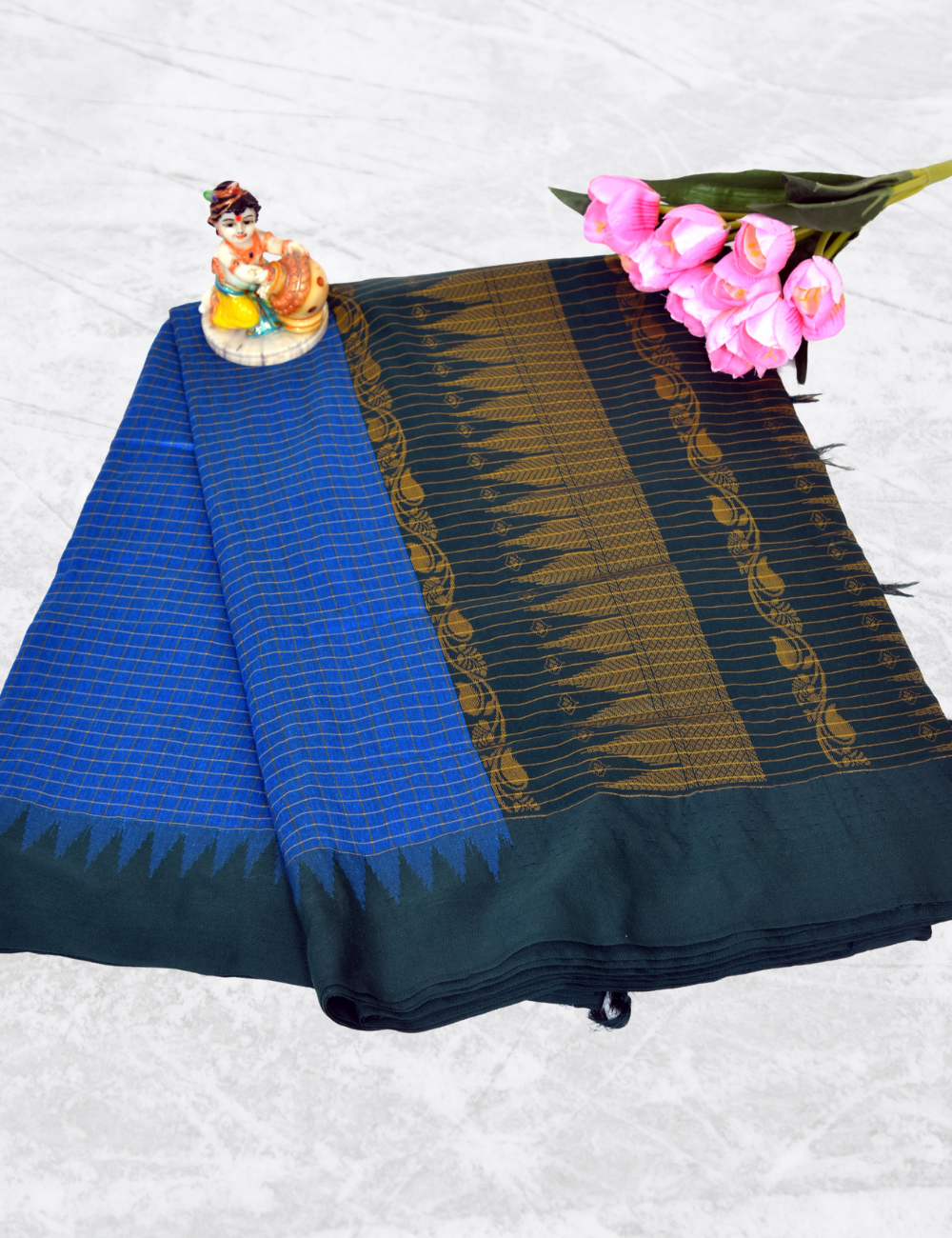 Dark Blue with Bottle Green Border Kalyani Checked Cotton Saree