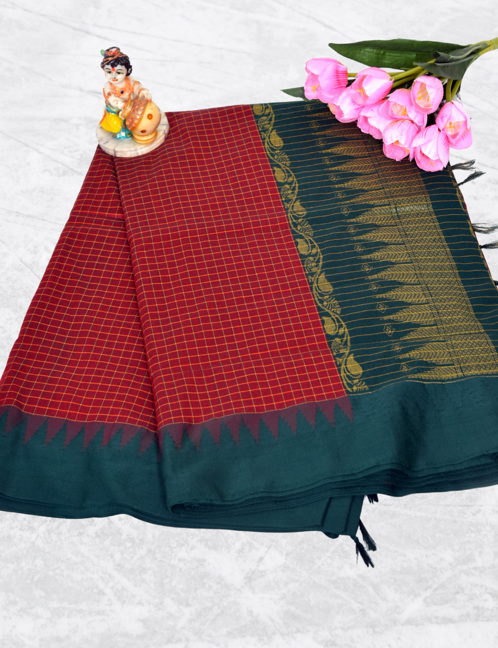 Red with Bottle Green Border Kalyani Checked Cotton Saree