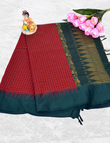 Red with Bottle Green Border Kalyani Checked Cotton Saree