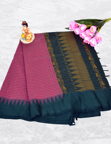 Pink with Bottle Green Border Checked Kalyani Cotton Saree