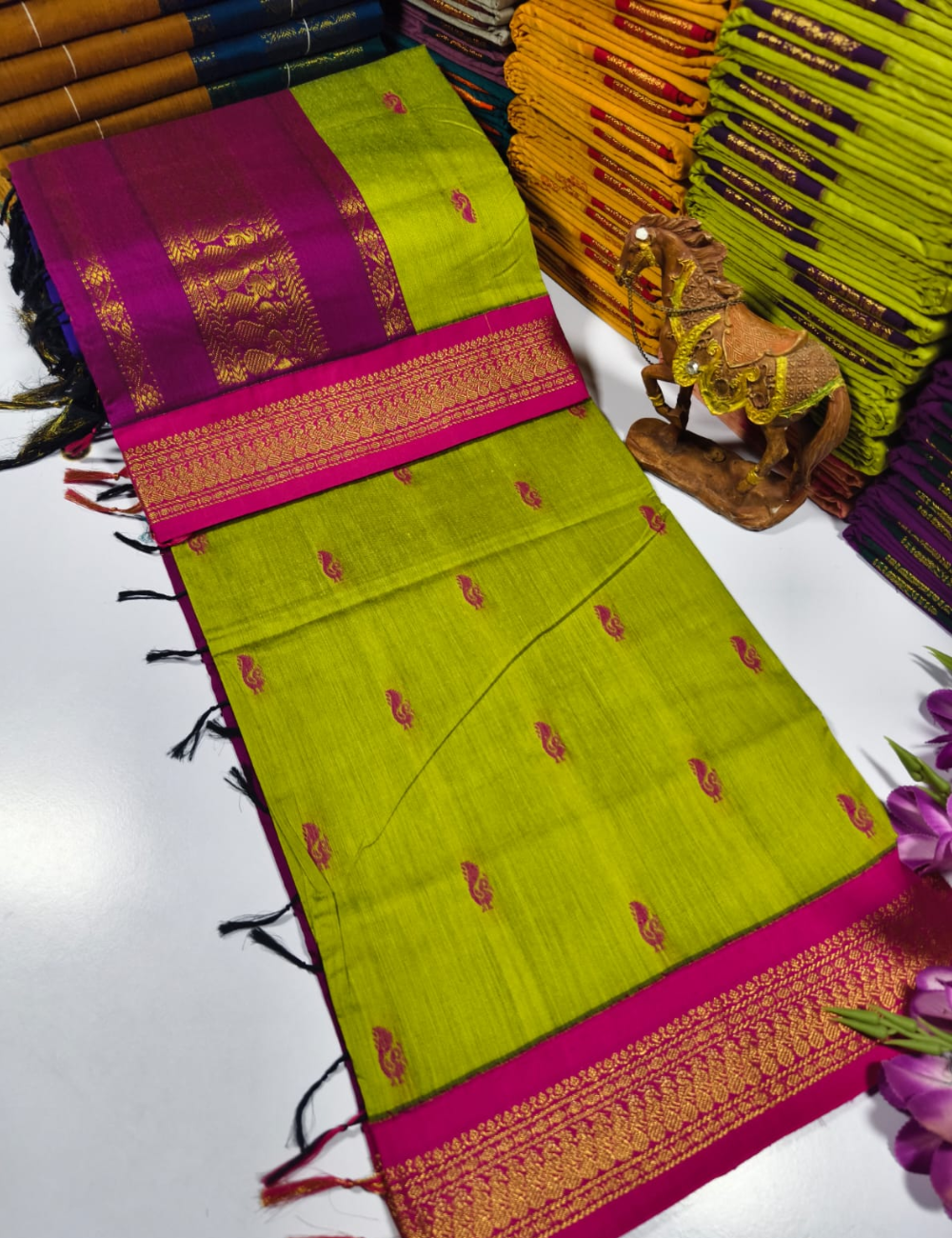 Fluorescent Green with Pink border Premium Kalyani Cotton Saree