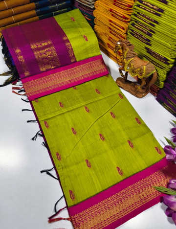 Fluorescent Green with Pink border Premium Kalyani Cotton Saree