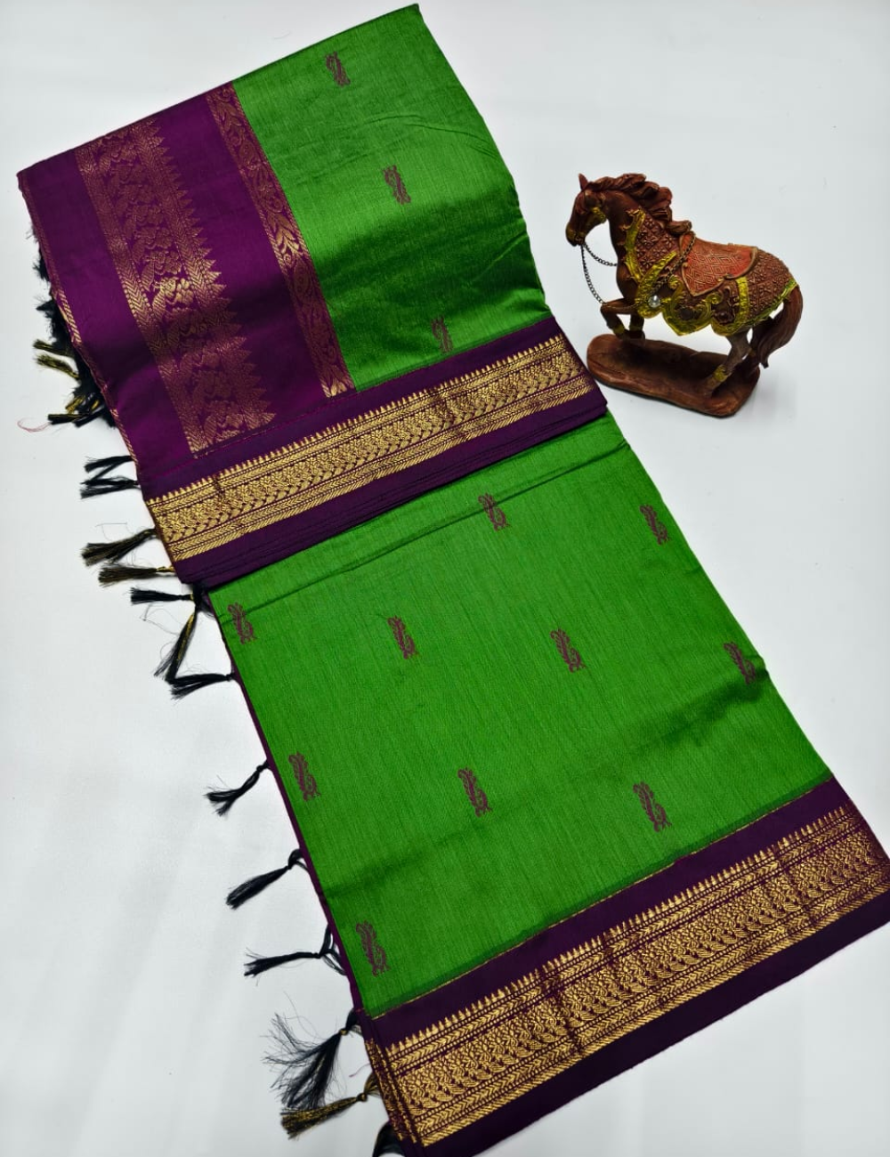 Parrot Green Dark Purple Premium Kalyani Cotton Saree