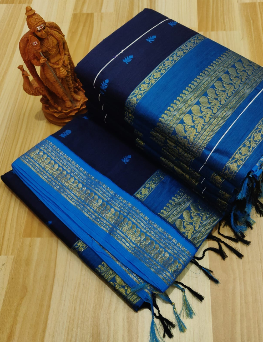 Navy Blue with Sky Blue border Premium Kalyani Cotton Saree