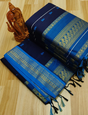 Navy Blue with Sky Blue border Premium Kalyani Cotton Saree