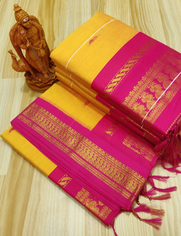 Yellow with Pink Border Premium Kalyani Cotton Saree