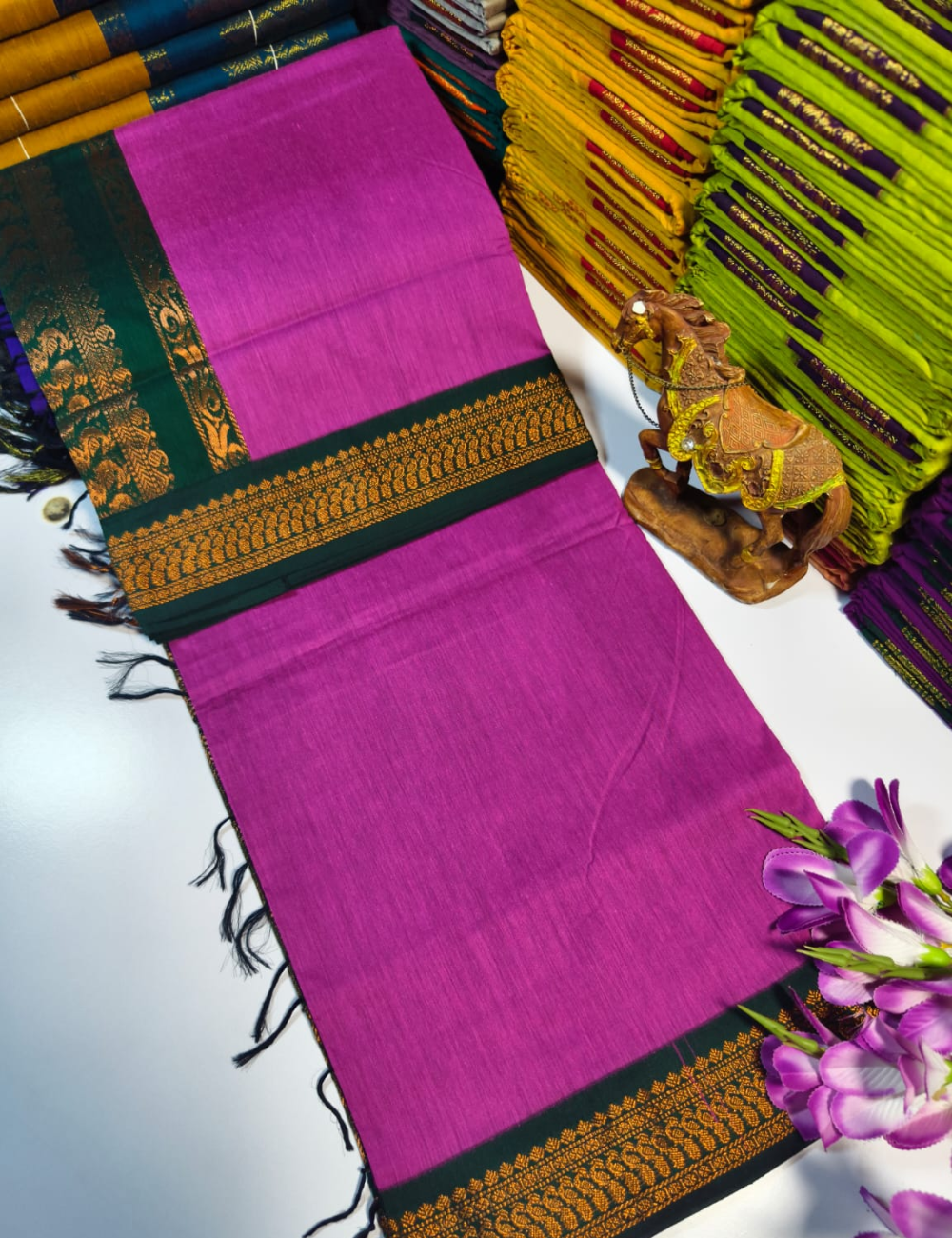 Dark Rose Pink with Bottle Green Premium Kalyani Cotton Saree