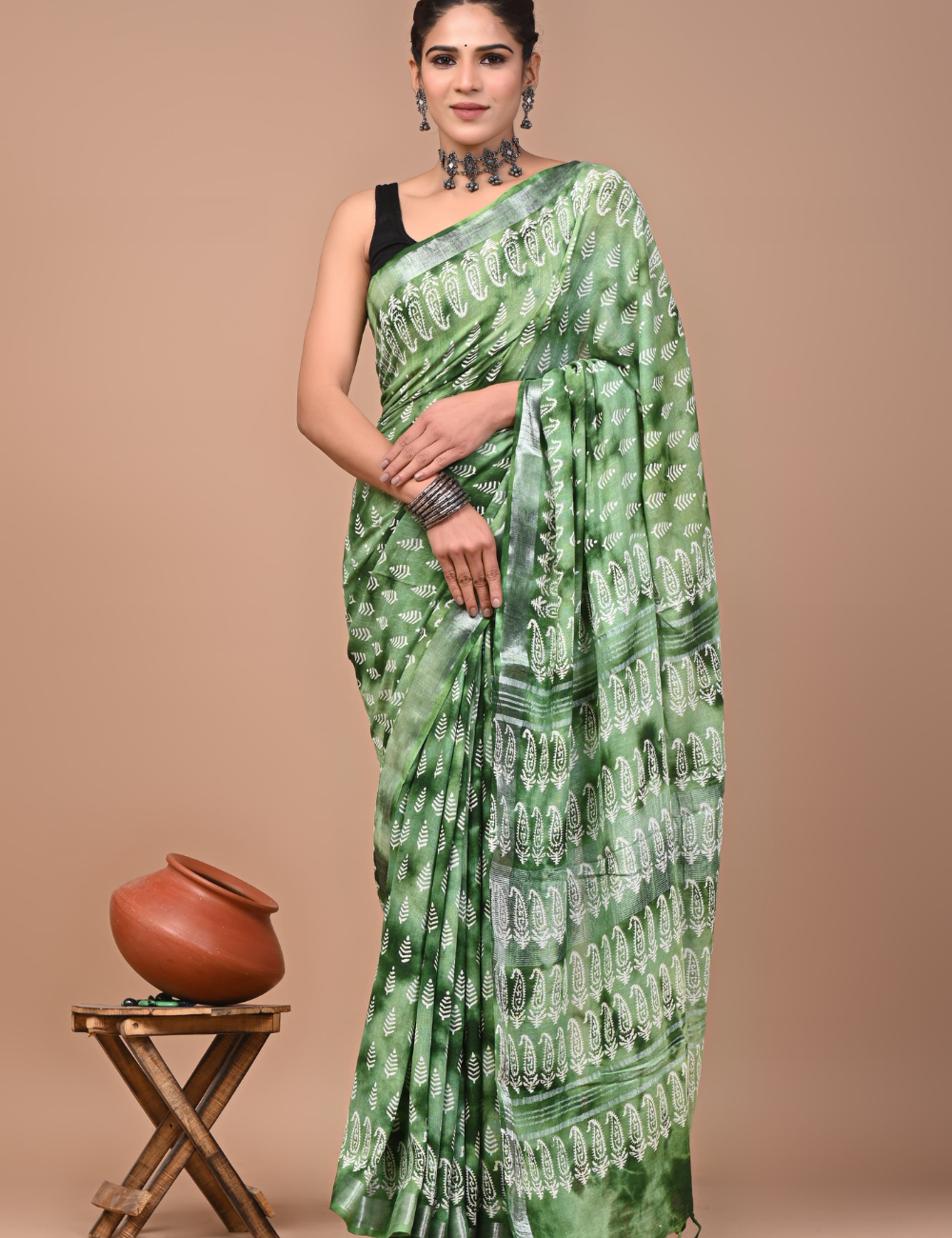 Light Green with Silver border Linen Cotton Saree-Ajrakh Print