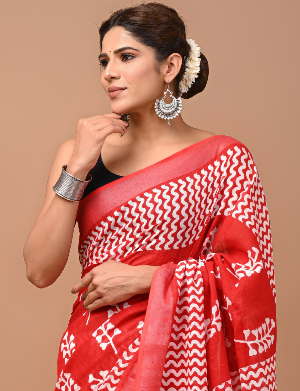 Orange with Silver border Linen Cotton Saree-Ajrakh Print