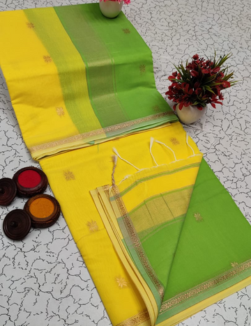 Lemon Yellow with Green border Premium Maheshwari Silk Cotton Saree
