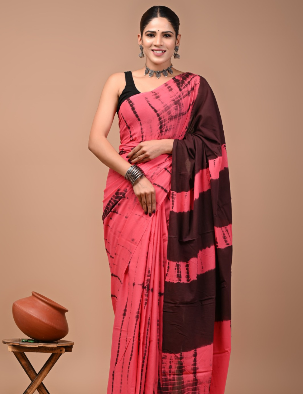 Dark Peach with Brown 80s count Mul Mul Cotton Saree