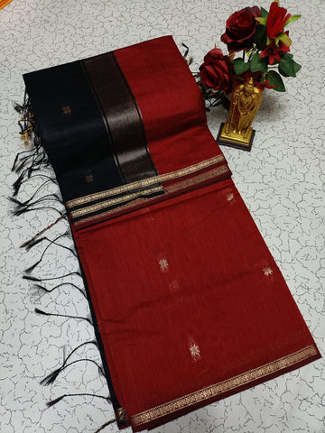 Meroun with Black border Maheshwari Silk Cotton Saree