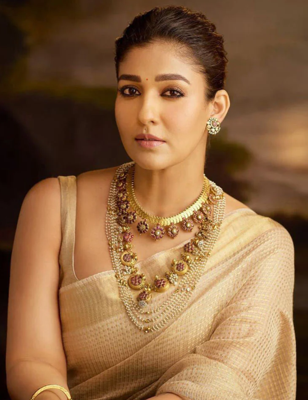 Nayanthara Inspired Golden Organza Saree