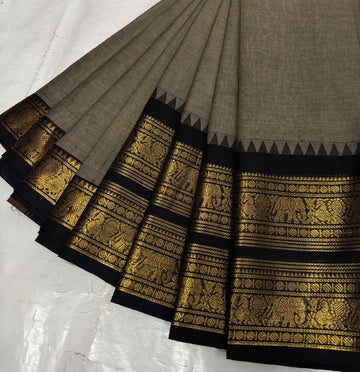Ash Kanchi Cotton Saree with Black Golden Zari Retta Petta Border and Running Blouse